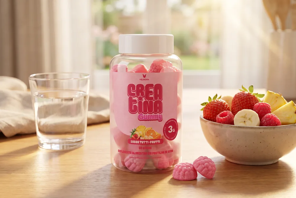 Goma de Crea Gummy em close com frutas ao fundo