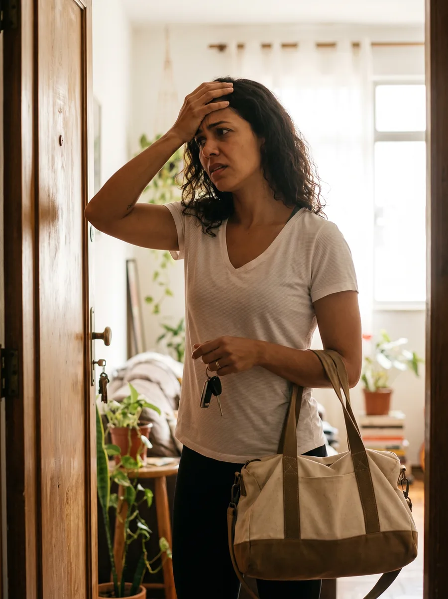 Mulher na porta de casa percebendo que esqueceu a creatina