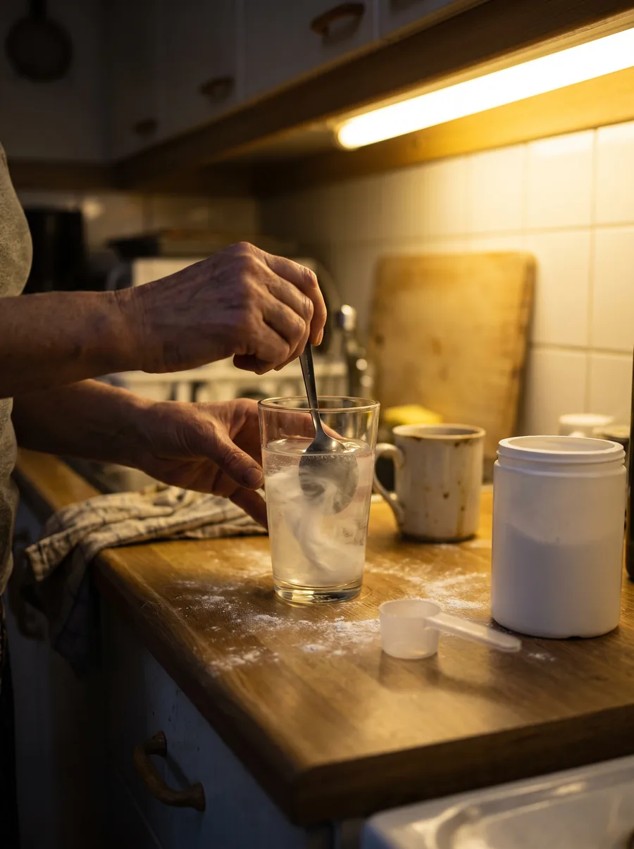 Coqueteleira, scoop e pó espalhado na bancada da cozinha