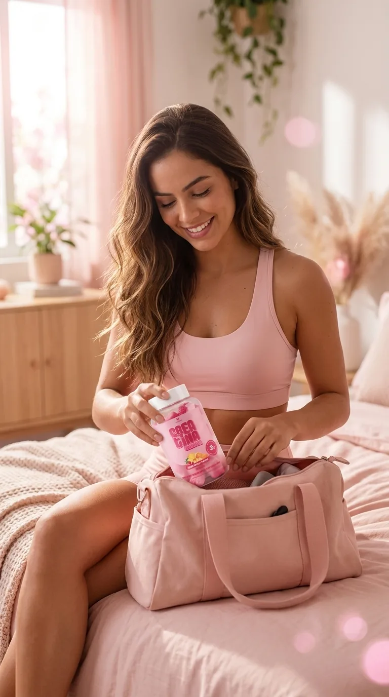 Mulher sorrindo colocando o pote de Crea Gummy na bolsa de treino